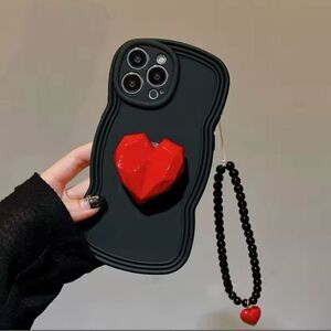Bold Black IPhone Case with Red Heart Accent and Beaded Strap